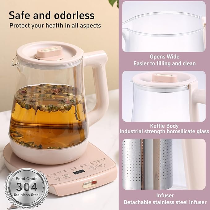 Health Pot Electric Kettle with Infuser,Smart Fruit Hot Tea Maker, Temperature Control and Tea Keep Warm, 12 Functional Procedures, 1.8 Liters of Capacity(pink)
