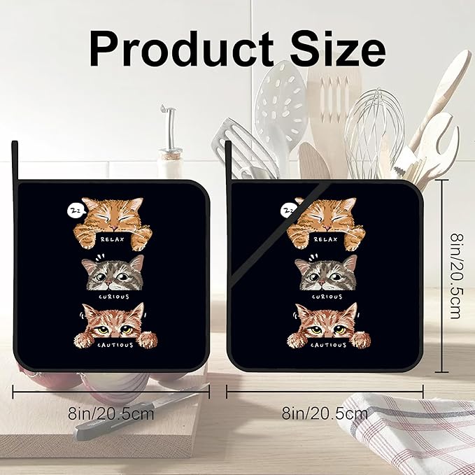 Cute Cats Mood Pot Holders 2 PCS for Kitchen, Heat Resistant Hot Pads for Cooking Grilling Baking BBQ, Pot Holders for Women Cook Essentials Accessories Home Microwave