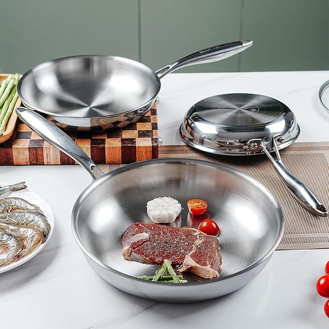 10 Inch Tri-Ply Stainless Steel Frying Pan with Lid,Whole-Clad No Coatings Skillet with Stay-cool Handle for Cooking,Dishwasher and Oven Safe,Induction Pans