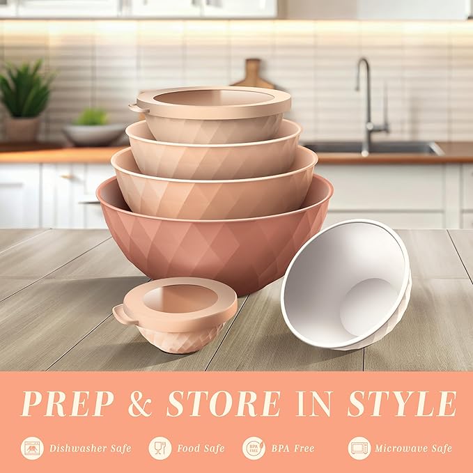 COOK WITH COLOR Mixing Bowls with Lids - 12 Piece Plastic Nesting Bowls Set includes 6 Prep Bowls and 6 Lids, Diamond Design - Microwave Safe (Mint)