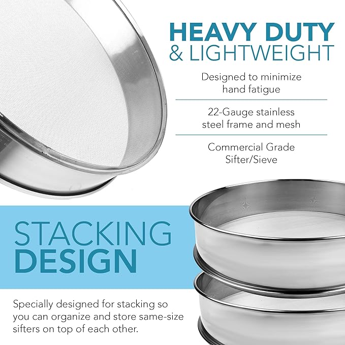 Stainless Steel Flour Sifter Fine Mesh Round Flour Sieve for Baking 8" Diameter x 2.5" High; Mesh-Hole Size 0.6mm