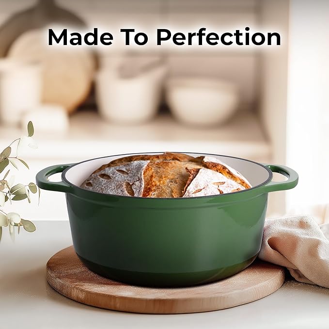 Zulay Kitchen 7.7 Quart Enameled Cast Iron Dutch Oven with Lid, Silicone Trivet & Heat Pad – Premium Durability & Oven Safe up to 500°F – Heavy Duty Cookware Perfect for Bread Baking, Stews, Braising & Roasting – Green