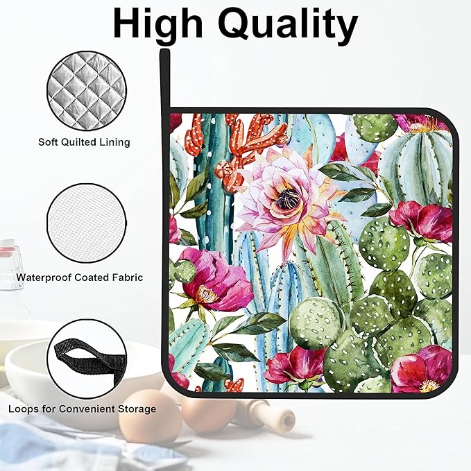 Watercolor Cactus Flower Pot Holders Set of 2: Heat Resistant, Waterproof, Stain-Resistant, Easy to Clean, Kitchen Decor
