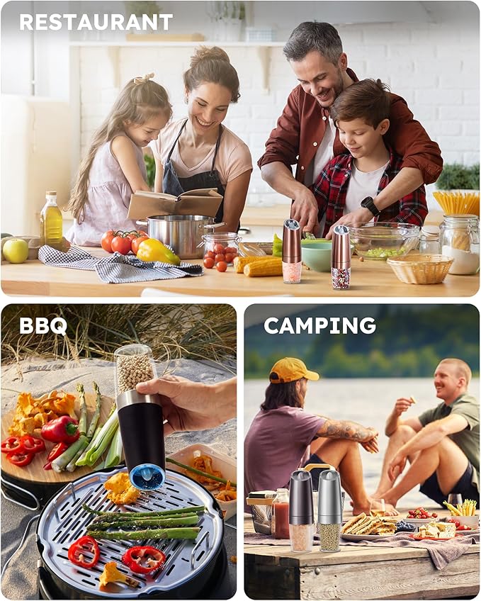 Sangcon Gravity Electric Salt and Pepper Grinder Set Automatic Shakers Mill Grinder with LED Light, Battery Powered Adjustable Coarseness One Hand Operation, Upgraded Larger Capacity