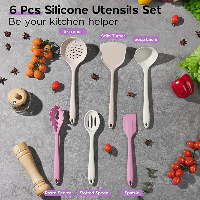 Silicone Cooking Utensils Set, Onader 6 Pcs Kitchen Utensils for Cooking, Heat Resistant Kitchen Gadgets Tools Set for Nonstick Cookware - 3 Mixed Color (Khaki & Pink & White)
