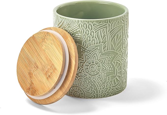 American Atelier Embossed Canister Set 4-Piece Ceramic Set Jar Container with Wooden Lids for Cookies, Candy, Coffee, Flour, Sugar, Rice, Pasta, Cereal & More Sage