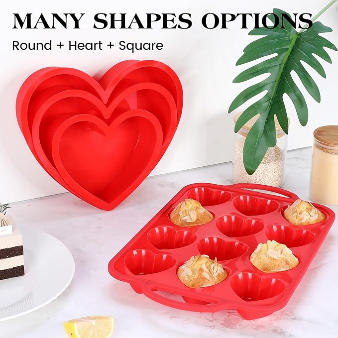2 Pcs Heart Shaped Muffin Pan with Metal Reinforced Frame 12 Cup Nonstick Silicone Heart Cake Mold for Baking 2.5 Inch Cupcake Tray (Red)