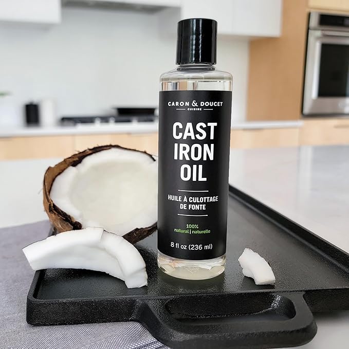 CARON & DOUCET - Cast Iron Cleaning & Conditioning Set: Seasoning Oil & Cleaning Soap | 100% Plant-Based | Best for Washing, Restoring & Seasoning Cast Iron Skillets, Pans & Grills! 8oz Each