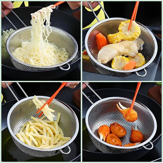2 Pack Stainless Steel Colander with Handle 8.8" and 10" Kitchen Metal Basin Colander Handheld Mesh Strainer Deep Fry Basket Colander for Strain, Fry or Cook Vegetables, Pasta, Wash fruits