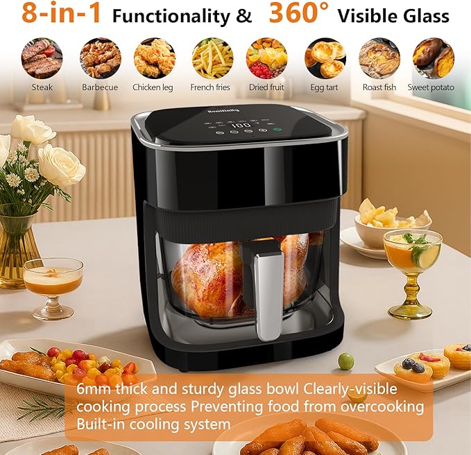 Glass Air Fryer with 8-in-1 Preset Cook Modes, 4.5 QT Transparent Viewing Pot, Non-Toxic, Dishwasher Safe, 97% Less Oil, Precise Temperature Control & Timer, Stainless Tray & Silicon Coaster Included