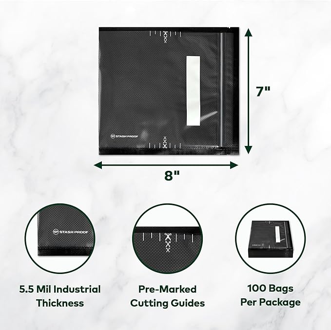 Resealable Zipper Vacuum Seal Bags 7" x 8" (100 Count) 5.5 Mil (Black and Clear) - BPA Free Commerical Grade Food Saver for Storage, Sous Vide, Cookies, Candy, Meal Prep Packaging, Candy, Sealer Bag