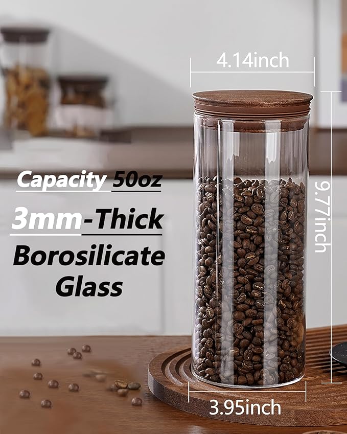 50 oz Coffee Canister with Scoop and Wooden Lids, Airtight Glass Coffee Jars Set of 2 for Ground Coffee, Coffee Beans Storage Container with Lids for Kitchen Brown Sugar, Coffee Bar