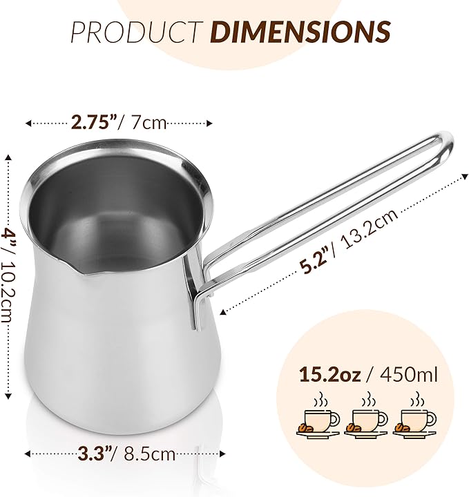Quality Turkish Coffee Pot - Turkish Coffee Maker, Chai Pot, Arabic Coffee Pot, Briki Greek Coffee Pot, Greek Briki, Cezve, Ibrik (15oz)