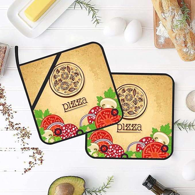 Vintage Pizza Pot Holders Set of 2 Kitchen Heat Resistant Potholders for Microwave Cooking Baking Oven End Dishes and BBQ Gifts for Women
