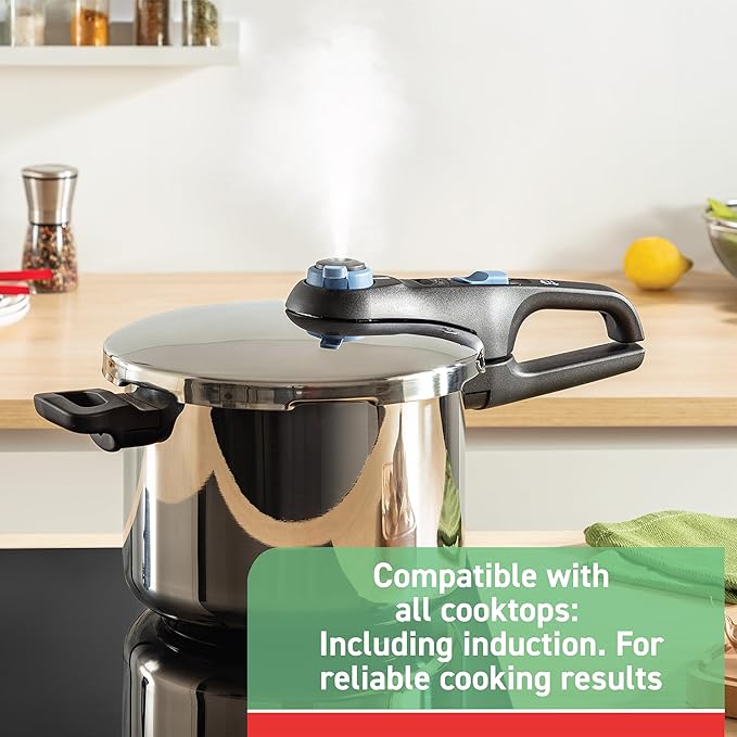 T-fal Trendy Stainless Steel Pressure Cooker, 8.5 Quart, Induction, Secure Locking Mechanism, Easy and safe Opening, Compatible with all cookstops, Kitchen Cookware, Dishwasher Safe, Grey