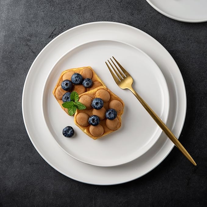 AmorArc Ceramic Dinner Salad Plates Set of 6, Wavy Rim 8.5 Inch Dish Set, The Dessert,Salad, Appetizer, Small Dinner etc Plate,Microwave, Dishwasher Safe, Scratch Resistant - Matte White