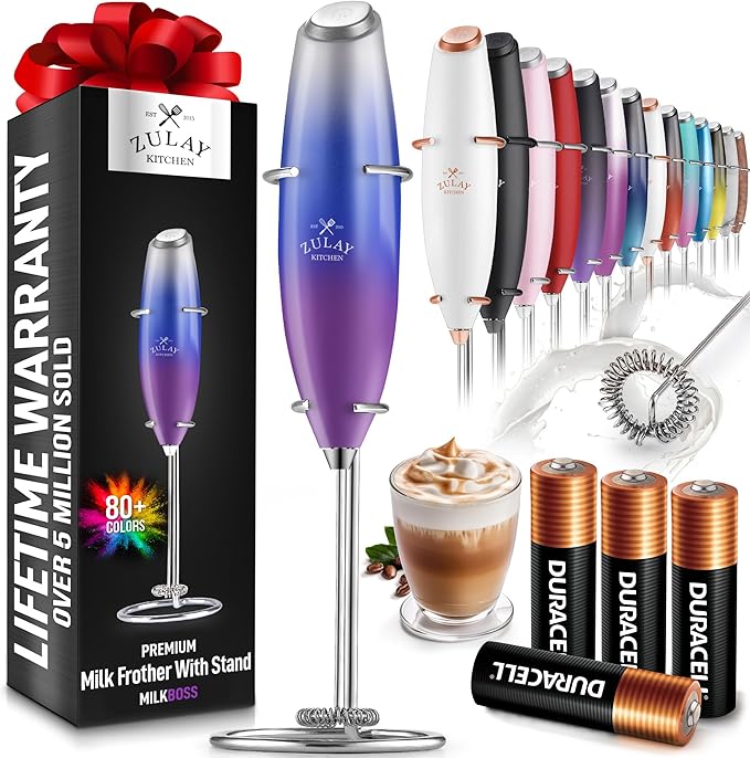 Zulay Kitchen Powerful Milk Frother Wand With 4 AA Duracell Batteries - Ultra Fast Handheld Drink Mixer - Electric Whisk Foam Maker for Coffee, Lattes, Cappuccino, Matcha & Creamer -