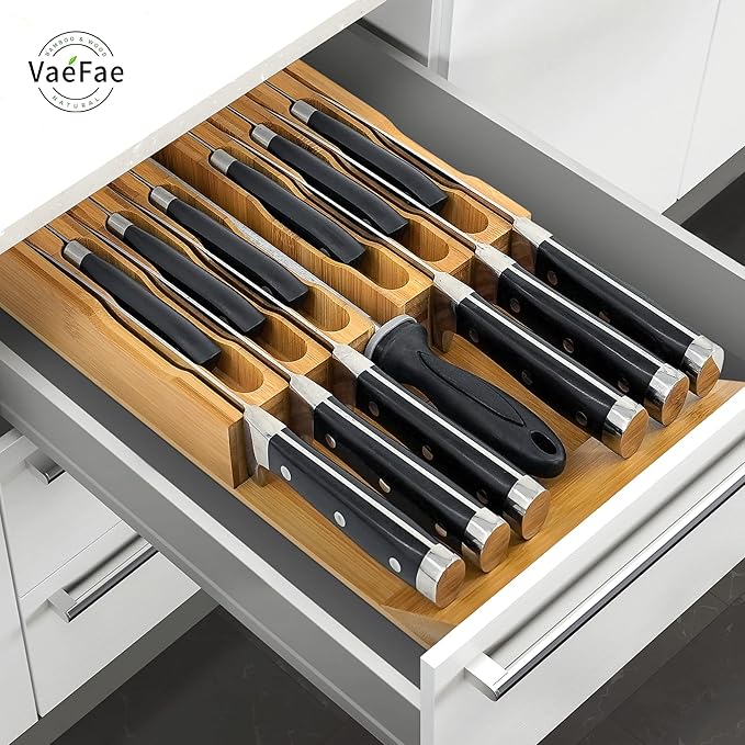 VaeFae Bamboo Knife Drawer Organizer, Knife Drawer Organizer Insert, Kitchen Drawer Knife Block for 12 Knives and a PLUS Slot for your Knife Sharpener (Without Knives)
