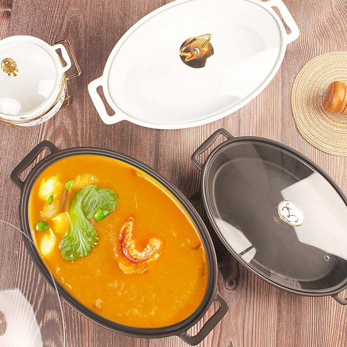 11" X 7.5" Ceramic Oval Casserole Dish with Glass Lid, 1.3 Quart Serving Soup Tureen,Chafing Dish for Buffet, Family Food preserve Tray, Catering Casserole for Party Style, Black