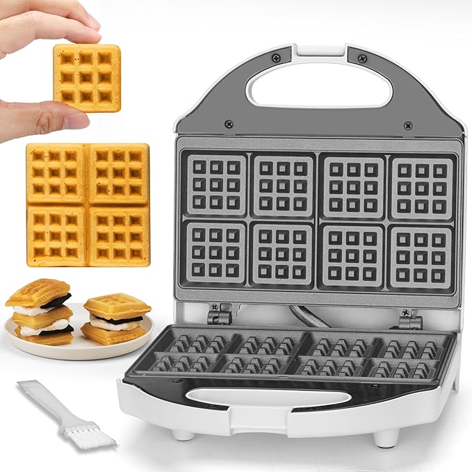Square Waffle Maker, 2 x 4" Mini Classic Waffles Maker Machine, Waffle Iron, Dual Cooking Plates for Family Breakfast, Non-stick, White