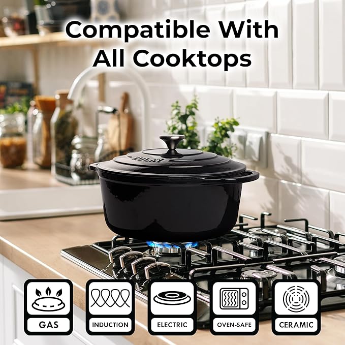 Zulay Kitchen 5 Quart Enameled Cast Iron Dutch Oven with Lid,Silicone Trivet & Heat Pad – Premium Durability & Oven Safe up to 500°F – Heavy Duty Cookware Perfect for Bread Baking, Stews, Braising & Roasting – Black