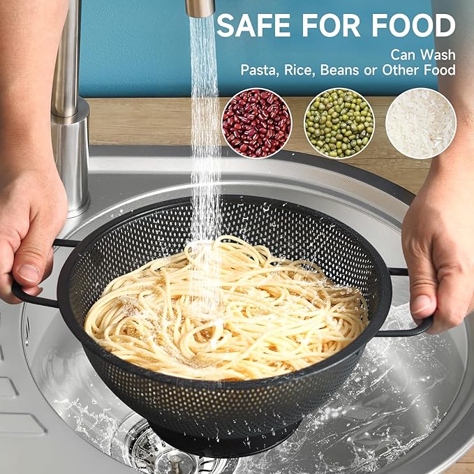 Black Colander for Kitchen, 3QT, Stainless Steel Pasta Strainer with Handle, Pasta Strainer for Fruits Vegetables Cooking Food, Dishwasher Safe