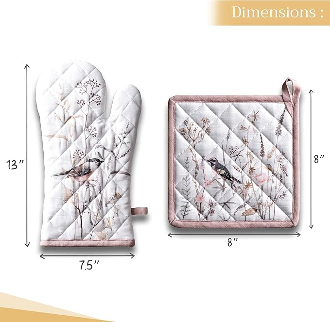 Maison d' Hermine 100% Cotton Oven Mitt & Pot Holder Set (7.5"x13" & 8"x8") Heat Resistant BBQ Cooking Gloves with Loop, Grilling, Kitchen, Handling Hot Pans Spring/Summer (Meadow Florals - Brown)