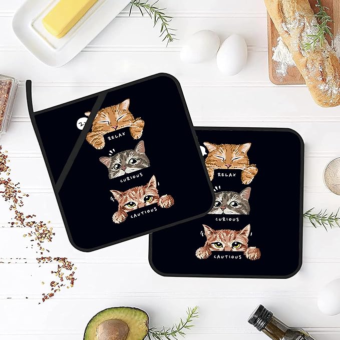 Cute Cats Mood Pot Holders 2 PCS for Kitchen, Heat Resistant Hot Pads for Cooking Grilling Baking BBQ, Pot Holders for Women Cook Essentials Accessories Home Microwave