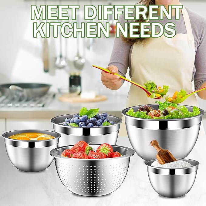 Mixing Bowls with Lids Set, Stainless Steel Mixing Bowl Set with Colander, Strainer with Bowls - Pistachio