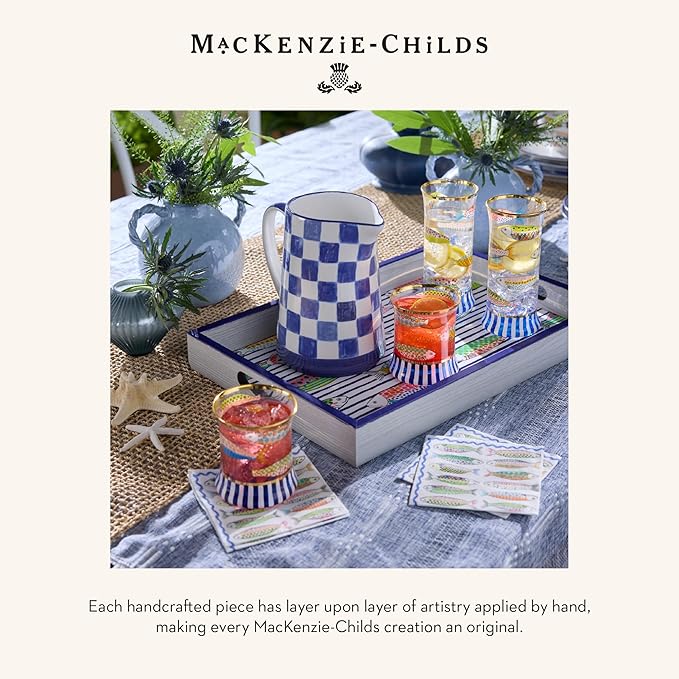 MACKENZIE-CHILDS Highball Glasses, Tall Drinking Glasses with Gold Rims, 15 Ounces, Set of 2, Go Fish
