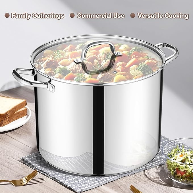 20 Qt Large Stock Pot, E-far Stainless Steel Stockpot with Lid for Boiling Cooking Soup Stew Canning, Heavy Duty Tri-Ply Bottom Works w/Induction, Commercial Grade & Dishwasher Safe