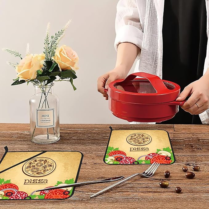 Vintage Pizza Pot Holders Set of 2 Kitchen Heat Resistant Potholders for Microwave Cooking Baking Oven End Dishes and BBQ Gifts for Women