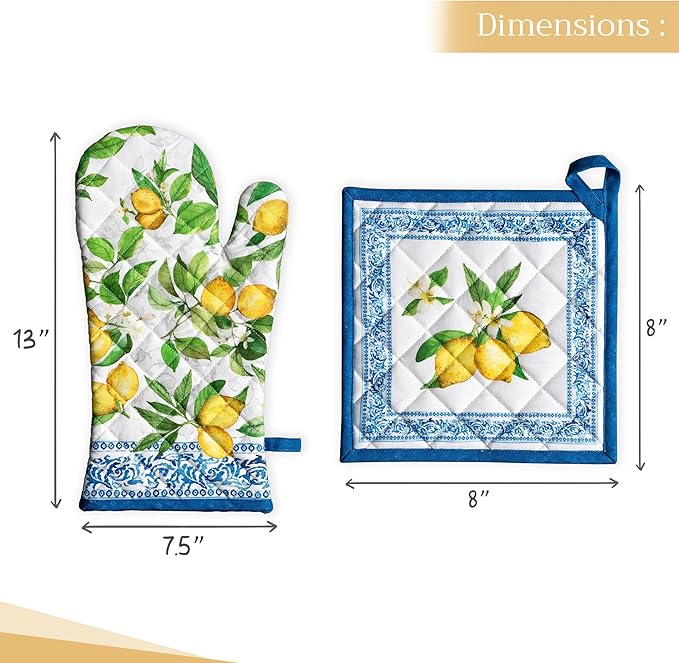 Maison d' Hermine 100% Cotton Oven Mitt & Pot Holder Set (7.5"x13" & 8"x8") Heat Resistant BBQ Cooking Gloves with Loop, Baking, Grilling, Kitchen, Handling Hot Pans Spring/Summer (Cedrat)