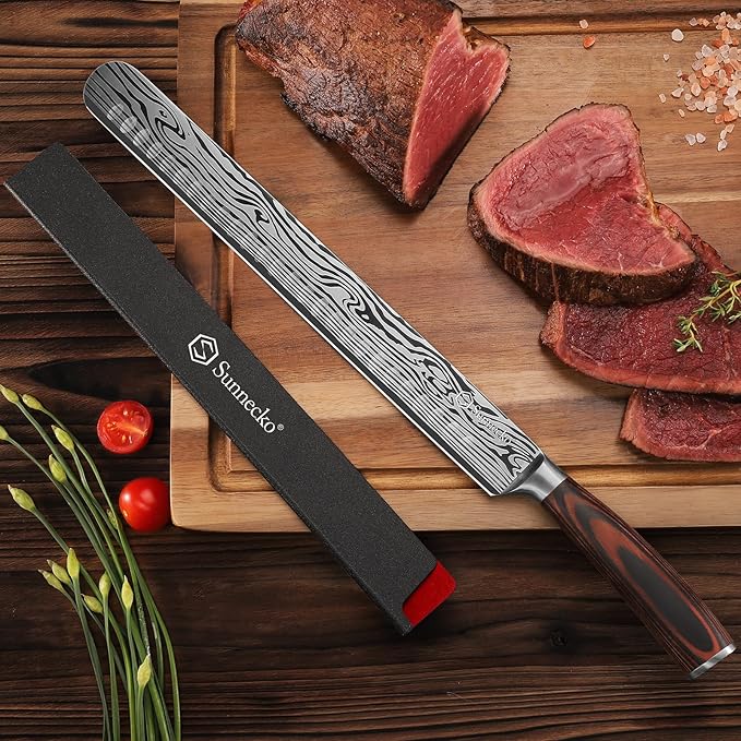 Sunnecko 12 Inch Carving Knife,Ultra Sharp High Carbon German Stainless Steel Brisket Slicing Knife for BBQ, Roasts, Turkey
