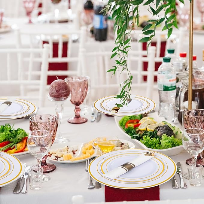 WDF 120 pieces Gold Disposable Plastic Plates - White and Gold Plates Include 10.25" Dinner Plate & 7.5" Salad Plate for Thanksgiving Weddings/Party