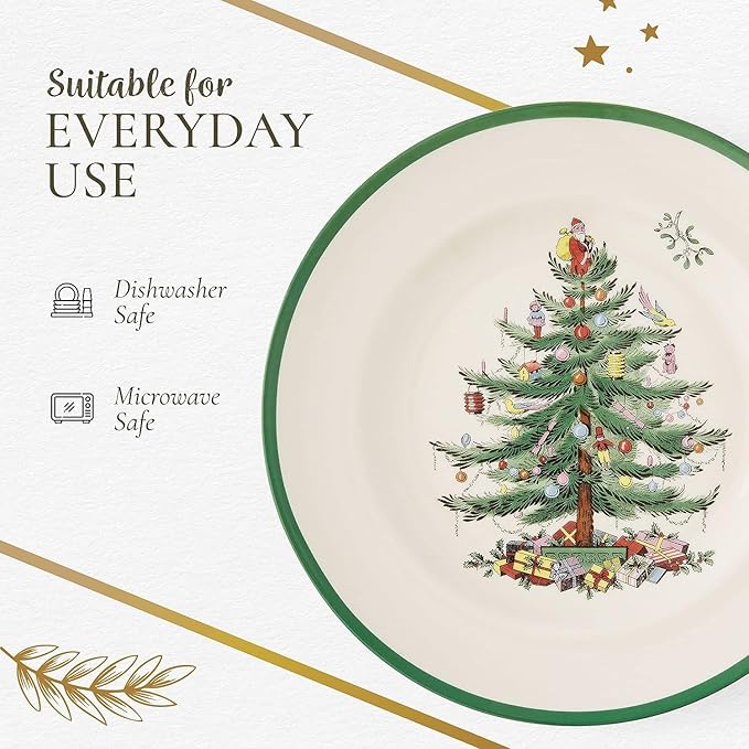 Spode Christmas Tree 10.5" Dinner Plate (Set of 4) - Festive Holiday Stoneware Plate with Christmas Tree & Green Borders, Microwave, Dishwasher, Freezer, Oven Safe - Collectible Holiday Tableware