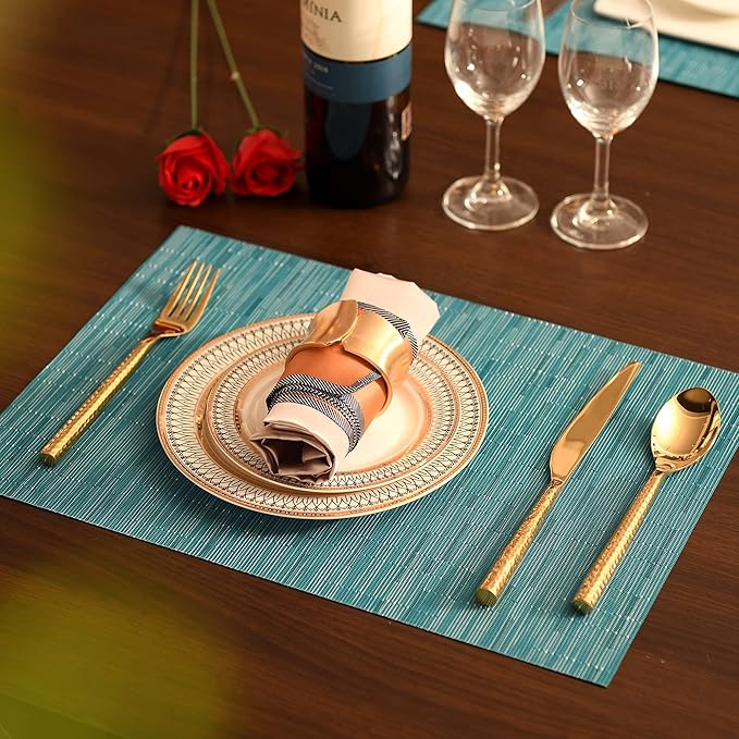 Vinyl Placemats Set of 6 - Easy Clean Place Mats - Washable Heat Resistant Table Mats for Dining Table - 17x12 Inch (Sky Blue Turquoise, 6)