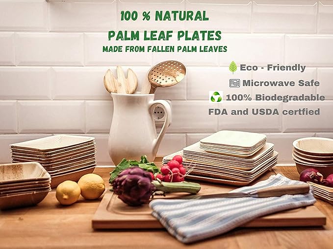 Disposable Palm Leaf 6" Square Plates (50 pieces) Bamboo Like Serving Platters, Disposable Boards, Eco-Friendly Dinnerware For Weddings, Catering, Events