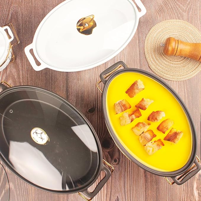 11" x 7.5" Ceramic Oval Casserole Dish with Glass Lid and rack, 40 OZ Serving Soup Tureen,Chafing Dish for Buffet, Family Food preserve Tray, Catering Casserole for Party Style, Black