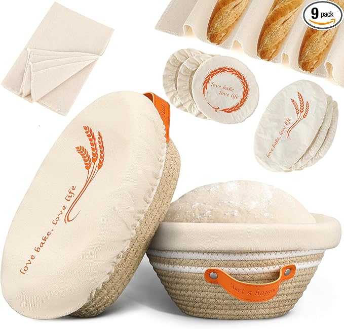 HASHMUST Banneton Bread Proofing Basket Set, 9 Inch Round & 10 Inch Oval Cotton Rope Proofing Bowls with Liners Covers & 14x19 Inch Thick Baguettes Cloth, Sourdough Dough Loaves Baking Supplies Gifts