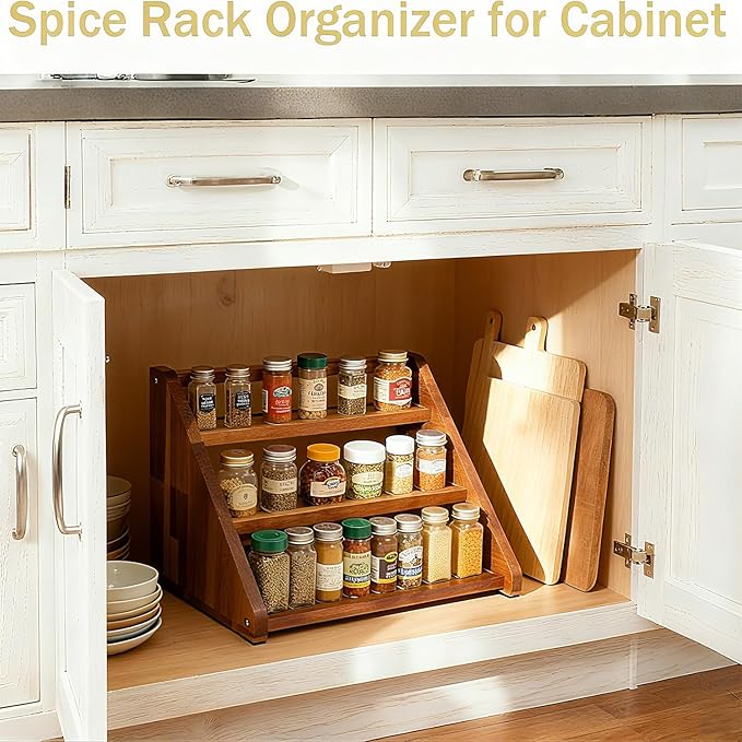 Acacia Wooden Spice Rack for Countertop - 3 Tiered Spice Rack Organizer for Cabinet - Kitchen Spices Organizers Holds 24 Jars - Spices Shelf for Kitchen Storage Pantry Seasoning Organizer