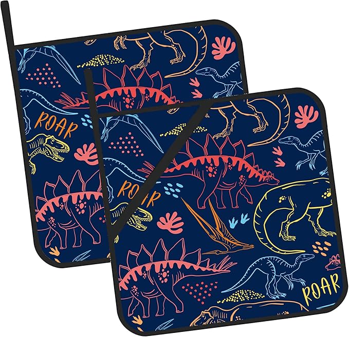 Coloful Dino Silhouette Pot Holders 2 PCS for Kitchen, Heat Resistant Hot Pads for Cooking Grilling Baking BBQ, Pot Holders for Women Cook Essentials Accessories Home Microwave