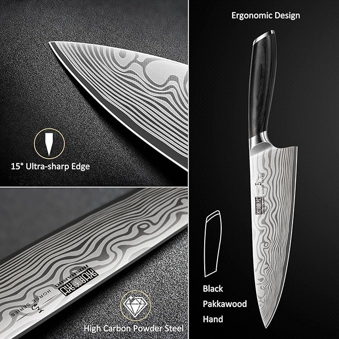 8 Pieces Knife Set with Magnetic Block, Ultra Sharp Powder Steel Knife Block Set, Professional Chef Knife Sets with Ergonomic Handle & Knife Sharpener