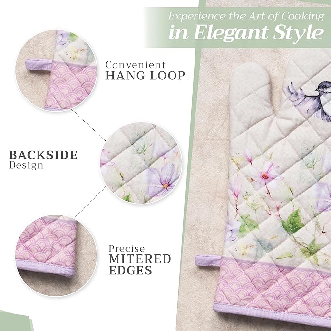 Maison d' Hermine 100% Cotton Oven Mitt & Pot Holder Set (7.5"x13" & 8"x8") Heat Resistant BBQ Cooking Gloves with Loop, Baking, Grilling, Kitchen, Handling Hot Pans Spring/Summer (Magnolia Mornings)