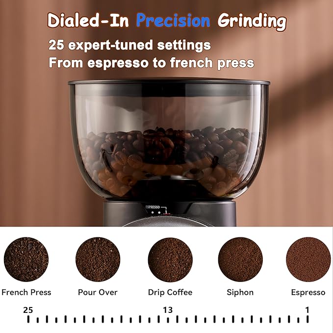 Electric Conical Burr Coffee Bean Grinder with 25 Precise Settings, Touchscreen Adjustable Electric Burr Mill with LED Screen & Anti-static Device, Organ-Style Powder Blower