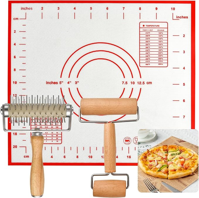 3pcs Pizza Tool Set, Include Pizza Docker, Pizza Dough Roller and Silicone Baking Mat, Dough Docker, Non Slip Baking Mat, Wooden Rolling Pin for Pizza, Cookie, Pie, Pastry, Bread
