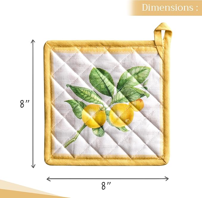 Maison d' Hermine Pot Holders 100% Cotton Heat Resistant Potholders 8" x 8" Hot Pads with Loop BBQ, Cooking, Baking, Grilling, Kitchen, Handling Hot Pans Spring/Summer (Pack of 1, Limoncello)
