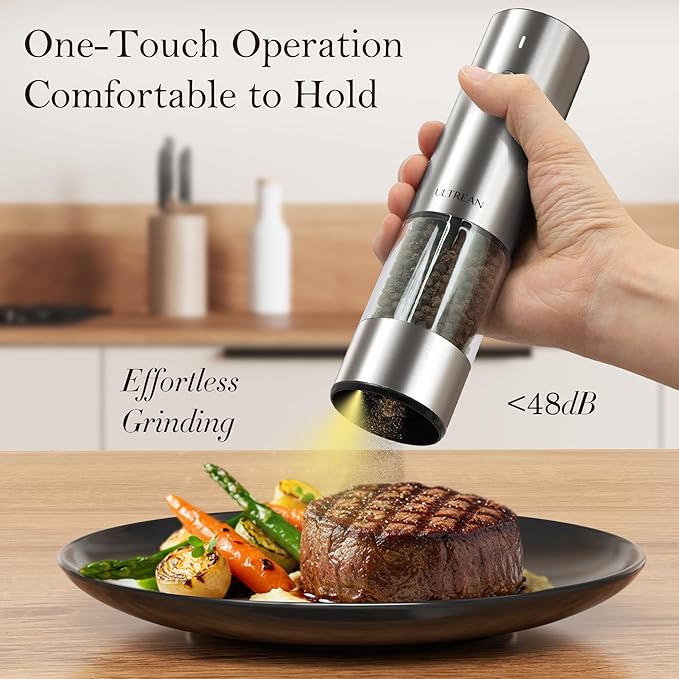 Ultrean Salt and Pepper Grinder Set, Rechargeable Salt and Pepper Shakers, 6 Adjustable Coarseness, LED Light, Kitchen Gadget & Housewarming Gift, Stainless Steel