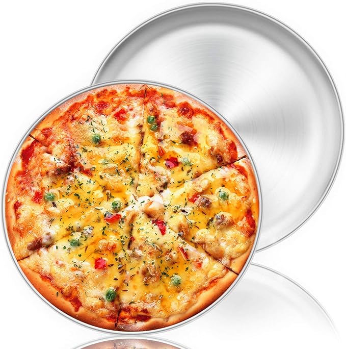 TeamFar Pizza Pan, 13.4 inch Stainless Steel Pizza Pan Set Large Pizza Oven Pans Tray for Baking Serving, Healthy & Heavy Duty, Oven & Dishwasher Safe - 2 Piece