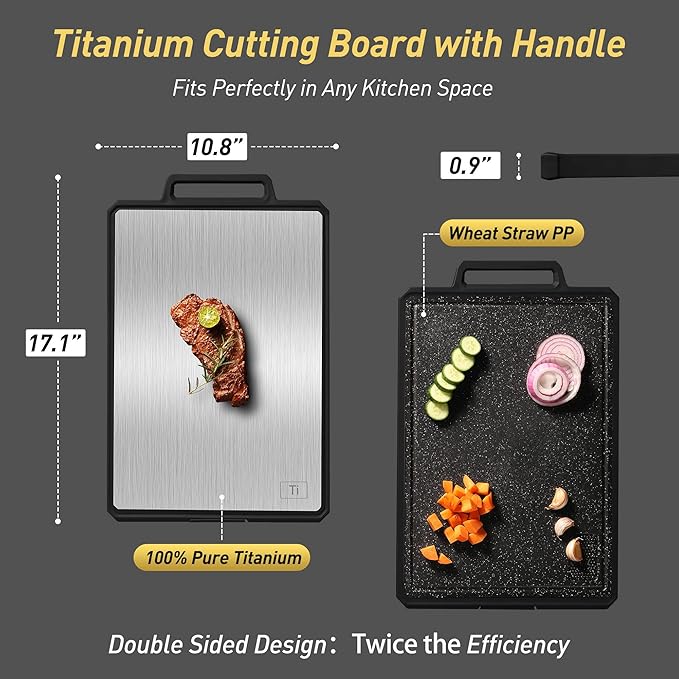 Titanium Cutting Boards for Kitchen Chopping Board with Handle Large Big Small Kitchen Meat Butcher Block 2 in 1 Pure Titanium and Wheat Straw PP Not Wood Bamboo Plastic Silicone Teak Black/Grey